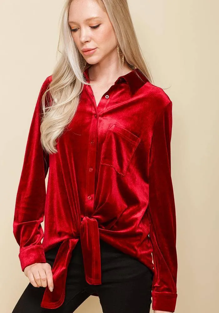 Women's Button Down Velvet Shirt Blouse With Tie Hem in Red