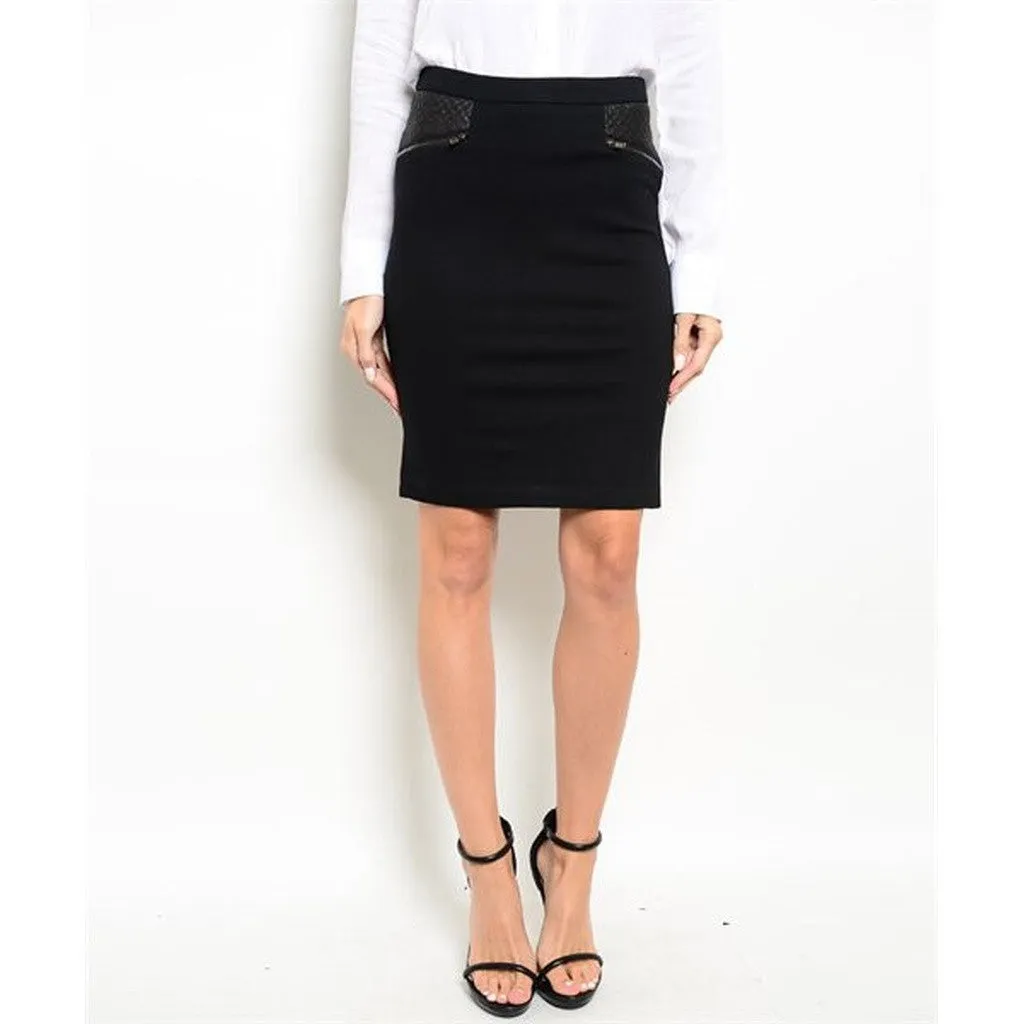 Women's Skirt Black Pencil With Leather Detail On Pockets