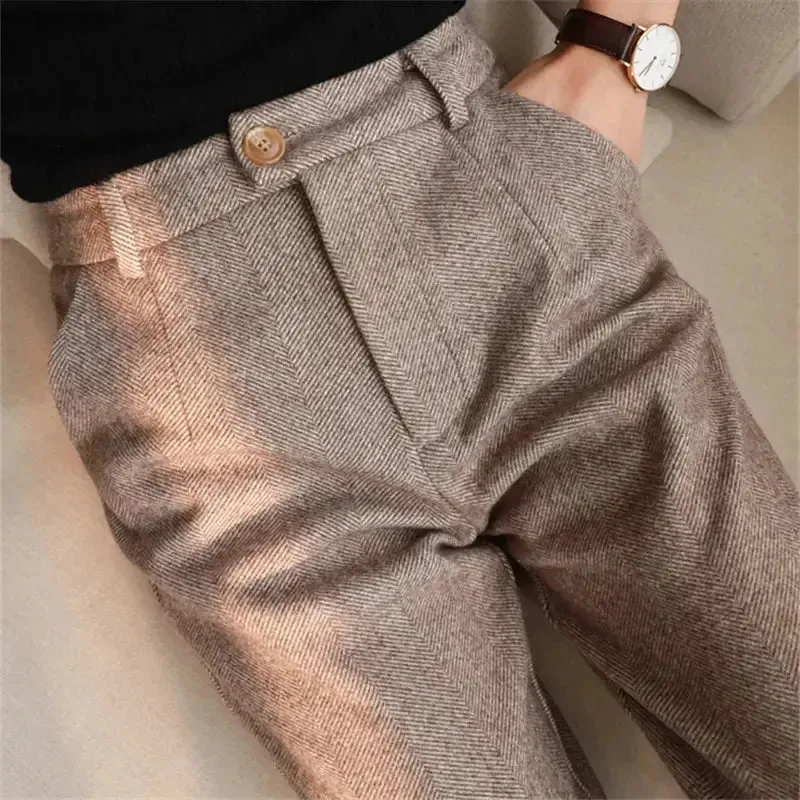 Woolen Pants Women's Harem Pencil Pants 2022 Autumn Winter High Waisted Casual Suit Pants Office Lady Woolen Trousers