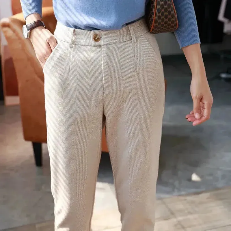 Woolen Pants Women's Harem Pencil Pants 2022 Autumn Winter High Waisted Casual Suit Pants Office Lady Woolen Trousers